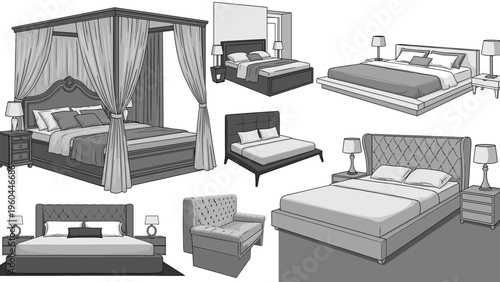 Grayscale collection of various bedroom furniture items including a four-poster canopy bed, modern platforms, nightstands, and a sofa.