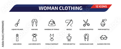 woman clothing outline icon set. 12 linear vector for ui, web and mobile. thin line liquid eyeliner, hair wig, handbag of female and more icons.