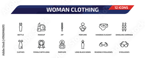 woman clothing outline icon set. 12 linear vector for ui, web and mobile. thin line bottle, makeup, zip and more icons.
