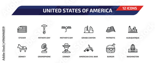 united states of america outline icon set. 12 linear vector for ui, web and mobile. thin line sticker, father's day, mother's day and more icons.