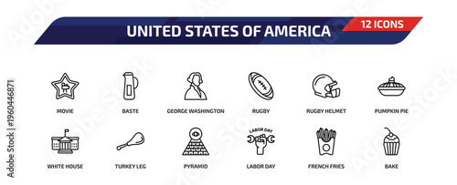 united states of america outline icon set. 12 linear vector for ui, web and mobile. thin line movie, baste, george washington and more icons.