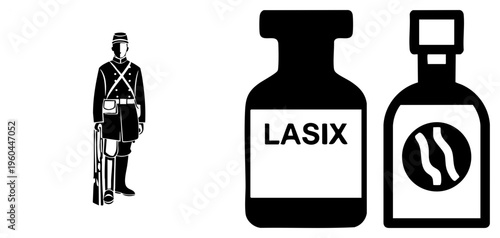 Military personnel in uniform holding rifle, alongside labeled Lasix medicine bottle and coffee bottle with, flat vector design for health or military contexts.
