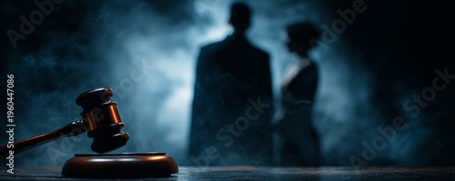 Law justice gavel courtroom trial judge crime litigation mysterious silhouette of man and woman smoky blue light suggests dramatic legal conflict