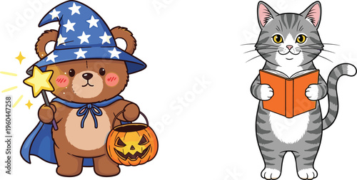 Cute animals cartoon set with wizard dog and reading cat colorful vector illustration for kids fantasy and education design