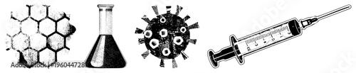 Scientific symbols including hexagonal structure, conical flask, virus particle, and syringe, rendered in halftone dot. Lab equipment, medical illustration, biology set.