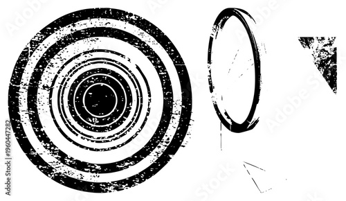 Circular concentric rings, elliptical arcs, angular fragments, stylized vector forms, distressed texture, art, graphic design elements.
