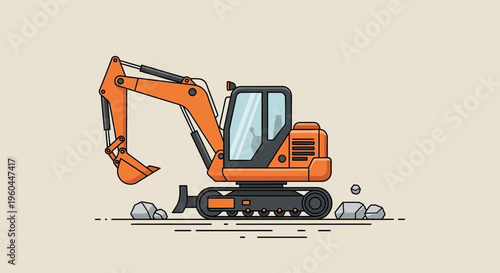 Orange Excavator Machine Digging Rocks On A Neutral Background Vector Illustration