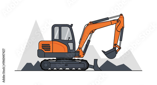 Orange Excavator Machine Digging Earth on Construction Site Simple Graphic Design