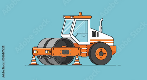 Orange Road Roller With Cones On Teal Background Flat Design