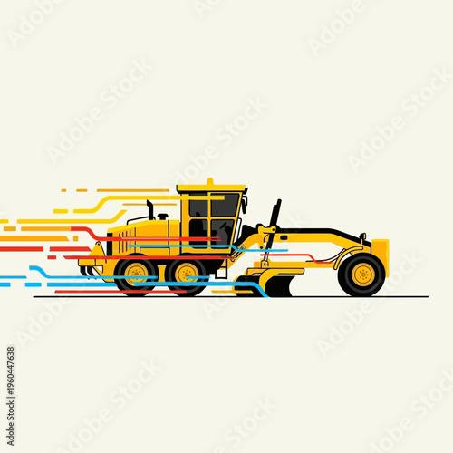 Modern Yellow Grader Vehicle Swiftly Moving on a Clean White Background With Colorful Abstract