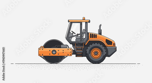 Orange Road Roller Working on Construction Site With White Background
