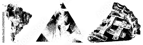 Abstract geometric shapes with halftone, vector art, triangular forms, black and white textures, graphic design elements, isolated foreground.