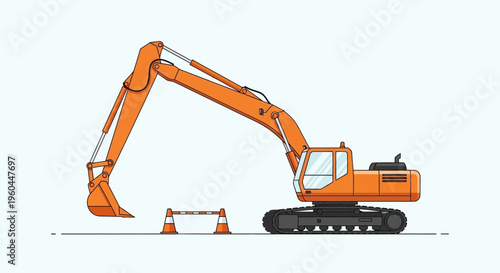 Orange Excavator Machine On Site With Safety Cones And Barrier