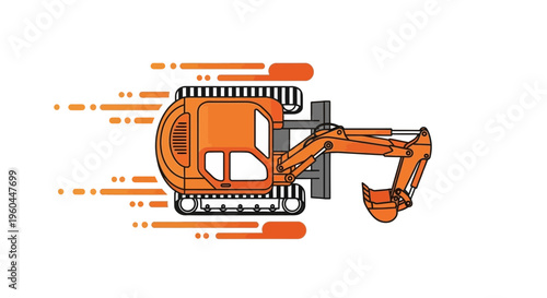 Orange Excavator Machine Moving Swiftly On A White Background