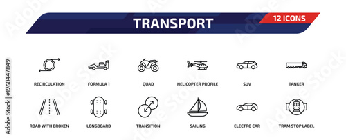 transport outline icon set. 12 linear vector for ui, web and mobile. thin line recirculation, formula 1, quad and more icons.
