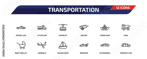 transportation outline icon set. 12 linear vector for ui, web and mobile. thin line patrol car, litter car, chairlift and more icons.