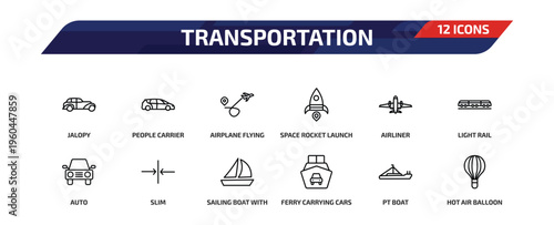 transportation outline icon set. 12 linear vector for ui, web and mobile. thin line jalopy, people carrier, airplane flying and more icons.