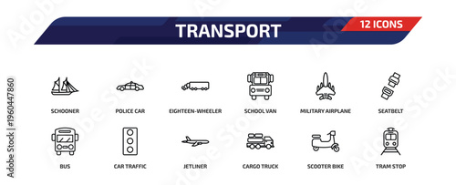 transport outline icon set. 12 linear vector for ui, web and mobile. thin line schooner, police car, eighteen-wheeler and more icons.