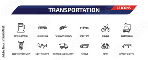 transportation outline icon set. 12 linear vector for ui, web and mobile. thin line petrol station, modern bus, funicular railway and more icons.