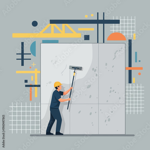 Professional Cleaner Working On Large Building Facade Abstract Background