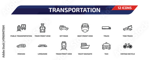 transportation outline icon set. 12 linear vector for ui, web and mobile. thin line public transportation, tram front view, off road and more icons.