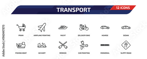 transport outline icon set. 12 linear vector for ui, web and mobile. thin line pram, airplane pointing up, yacht and more icons.