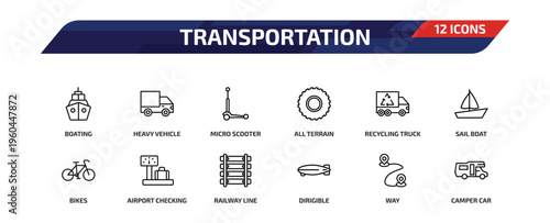 transportation outline icon set. 12 linear vector for ui, web and mobile. thin line boating, heavy vehicle, micro scooter and more icons.