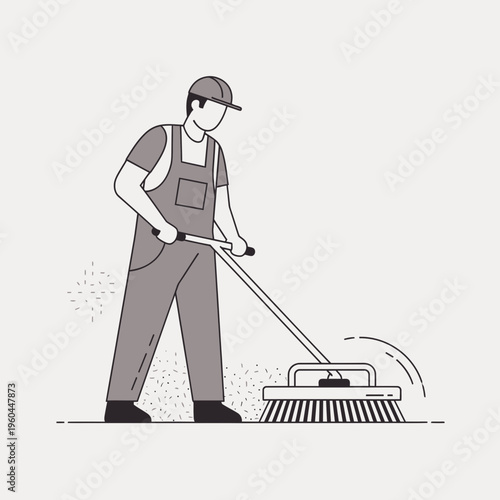 Professional Cleaner Sweeping Outdoor Area With Broom Stick And Dust Particles