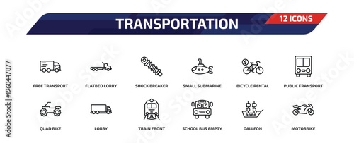 transportation outline icon set. 12 linear vector for ui, web and mobile. thin line free transport, flatbed lorry, shock breaker and more icons.