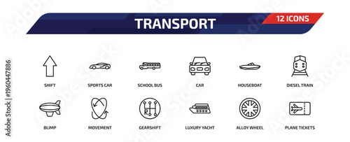 transport outline icon set. 12 linear vector for ui, web and mobile. thin line shift, sports car, school bus and more icons.