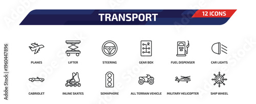 transport outline icon set. 12 linear vector for ui, web and mobile. thin line planes, lifter, steering and more icons.