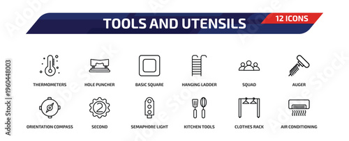tools and utensils outline icon set. 12 linear vector for ui, web and mobile. thin line thermometers, hole puncher, basic square and more icons.