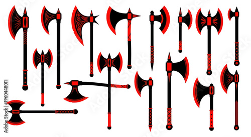 Collection of Medieval Battle Axes and Weapons with Red and Black Ornate Designs