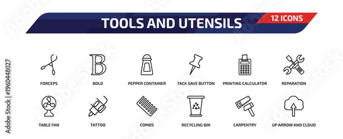 tools and utensils outline icon set. 12 linear vector for ui, web and mobile. thin line forceps, bold, pepper container and more icons.