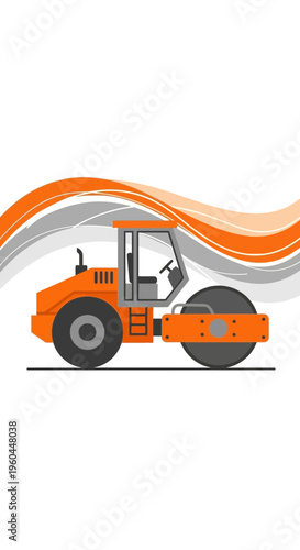 Orange Steamroller Compacts Road Surface Flat Against White Background