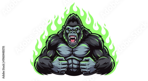 Furious Gorilla with Green Flames, Aggressive Ape Power Illustration