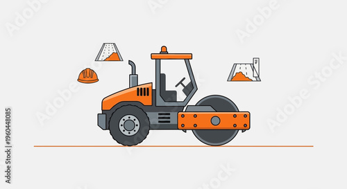 Orange Steamroller Flat Design Vector Graphic With Road Construction Elements