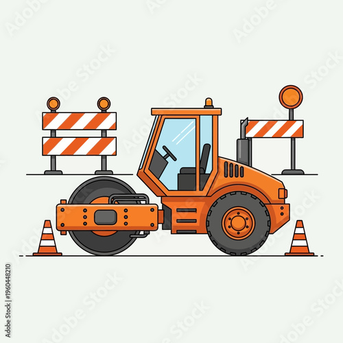 Orange Steamroller Machine Ready For Road Construction Work Site Safety Barriers