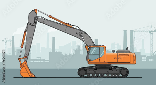 Orange Excavator Machinery Working Within Industrial Cityscape Background