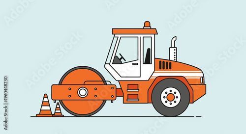 Orange Steamroller Machine Working On Construction Site With Traffic Cones
