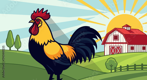 Rooster Crowing at Sunrise on a Farm with Barn and Green Hills