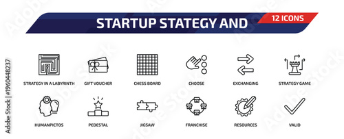 startup stategy and outline icon set. 12 linear vector for ui, web and mobile. thin line strategy in a labyrinth, gift voucher, chess board and more icons.