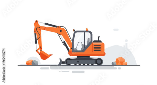 Orange Excavator Working On Construction Site Digging Rocks and Soil