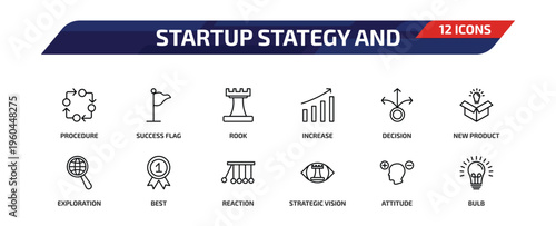 startup stategy and outline icon set. 12 linear vector for ui, web and mobile. thin line procedure, success flag, rook and more icons.