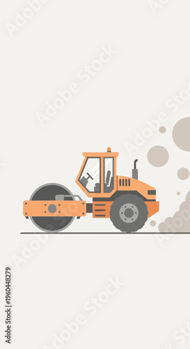Orange Steamroller Working On Road Construction Project Flat Design