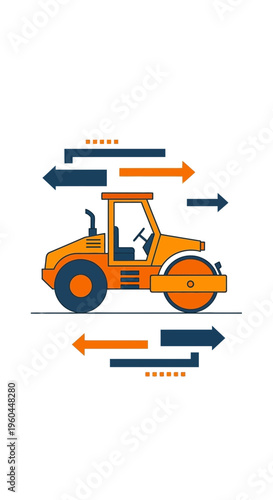 Orange Steamroller Vehicle Illustration With Directional Arrows Graphic
