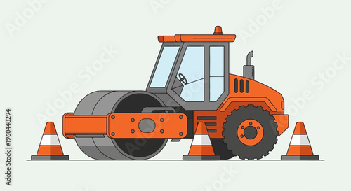 Orange Steamroller With Cones Flat Design Illustration On Light Background