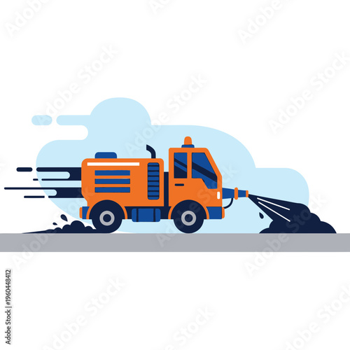 Orange Street Sweeper Truck Cleans Road Surface Efficiently Working And Moving