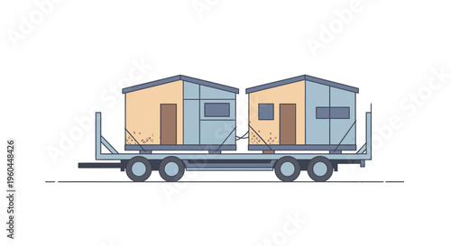 Modular Homes Transported On Flatbed Truck Simple Line Art Illustration