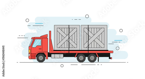 Red Cargo Truck Delivering Large Wooden Crates On A Flatbed Trailer